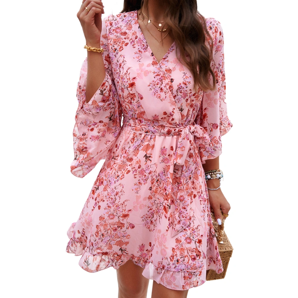 Floral Printed Dress Waist Tie V Neck Short Swing Dresses Breathable Women Summer Dress for Holidays Daily Pink M