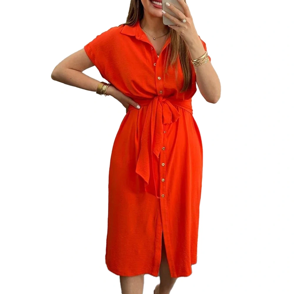 Women Shirt Dress Single Breasted Turn Down Collar Short Sleeves Belted Dress for Summer Red M