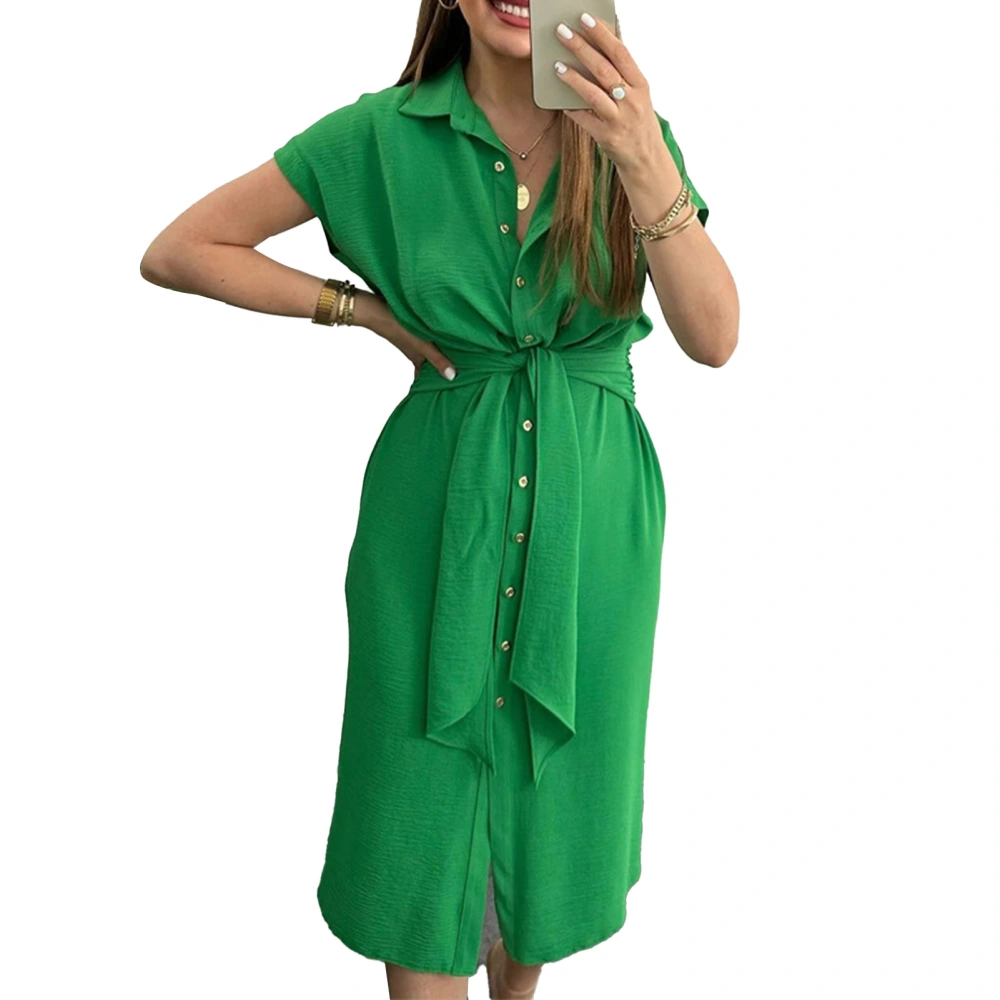 Women Shirt Dress Single Breasted Turn Down Collar Short Sleeves Belted Dress for Summer Green S