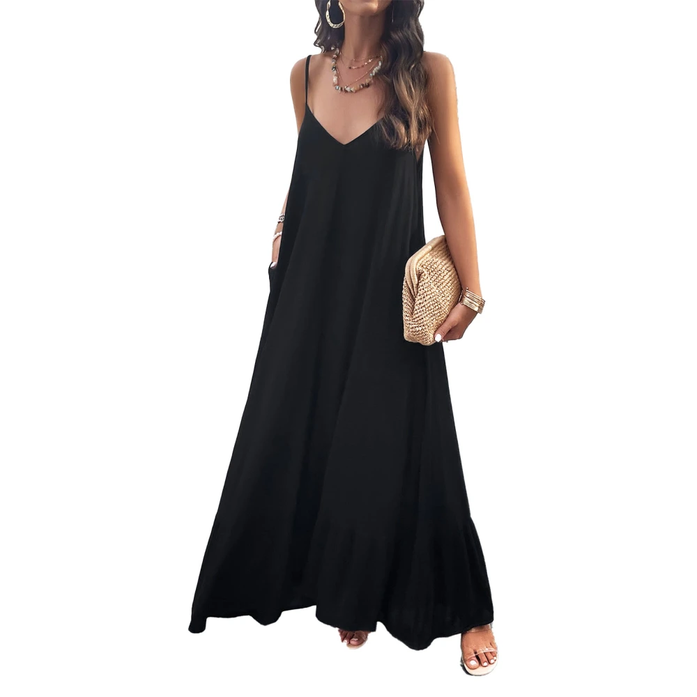 Women V Neck Long Camisole Dress Loose Fit Sleeveless Casual Full Slip Camisole Summer Dress Black XL