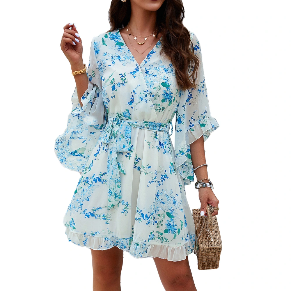 Floral Printed Dress Waist Tie V Neck Short Swing Dresses Breathable Women Summer Dress for Holidays Daily White XL