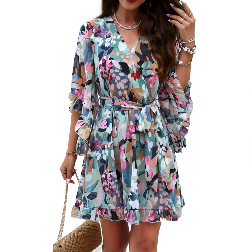 Floral Printed Dress Waist Tie V Neck Short Swing Dresses Breathable Women Summer Dress for Holidays Daily Green M