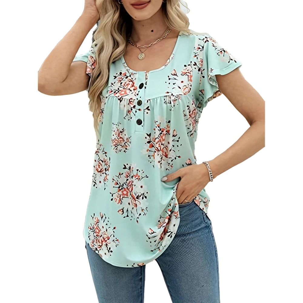 Women Short Sleeve Blouse with Button Design U Neck Comfortable Ruffle Short Sleeve Women Pleated Top Blouse for Daily Travel Green with Flower M