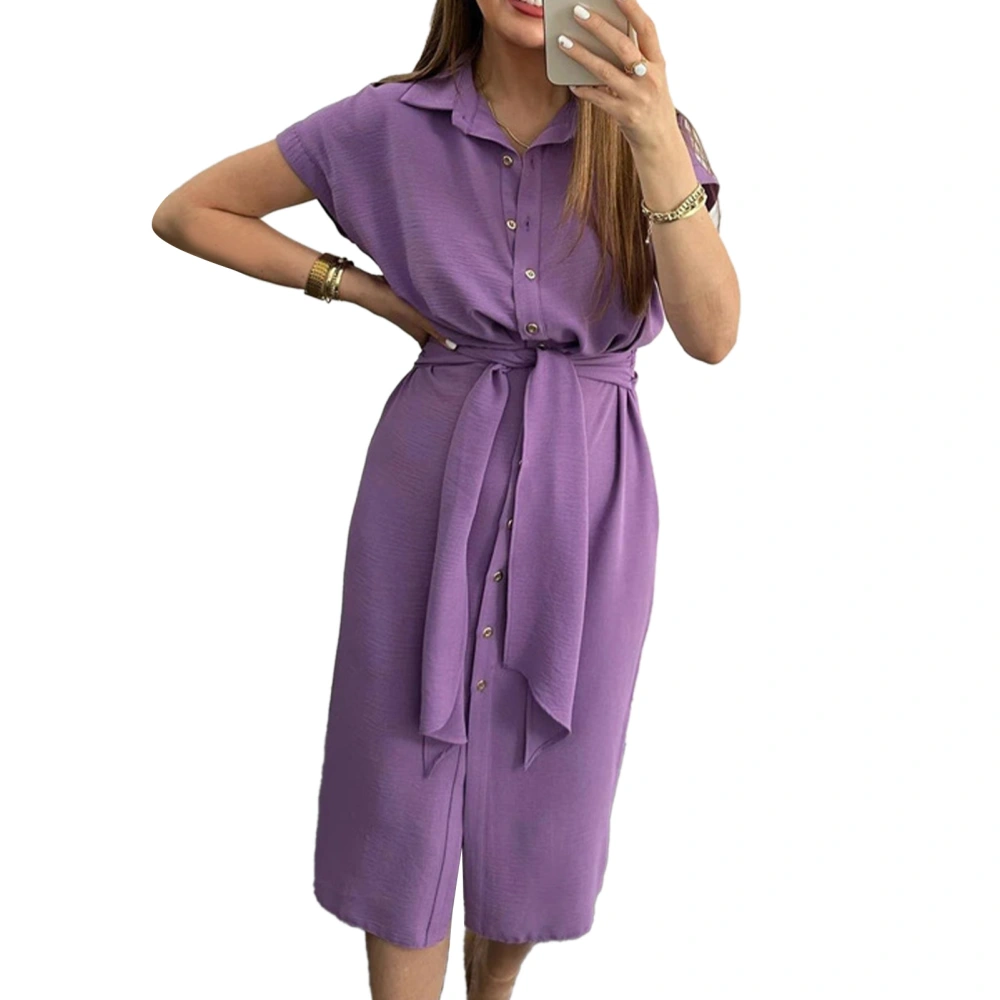 Women Shirt Dress Single Breasted Turn Down Collar Short Sleeves Belted Dress for Summer Purple M