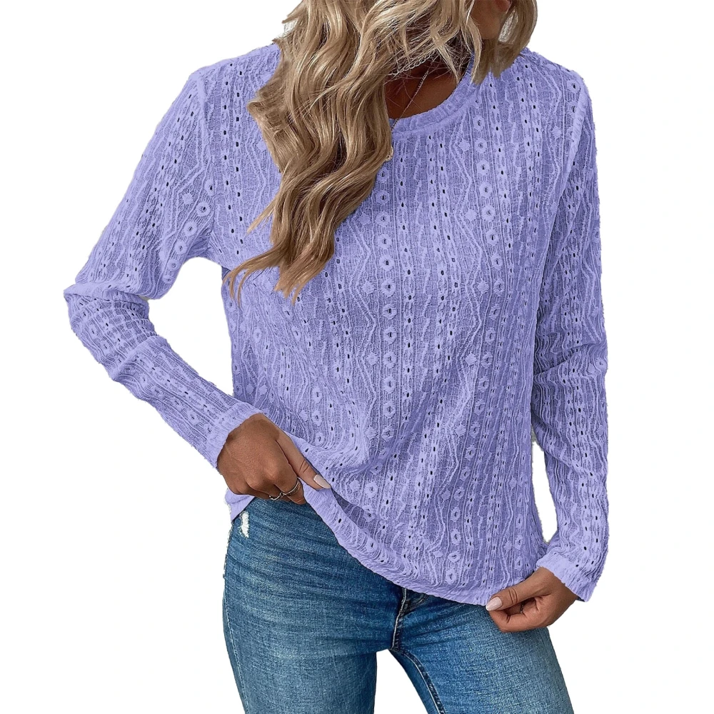 Women Hollow Out Lace Long Sleeve Tops Fashionable Casual Pure Color Breathable Women Crew Neck Long Sleeve Blouses Purple M