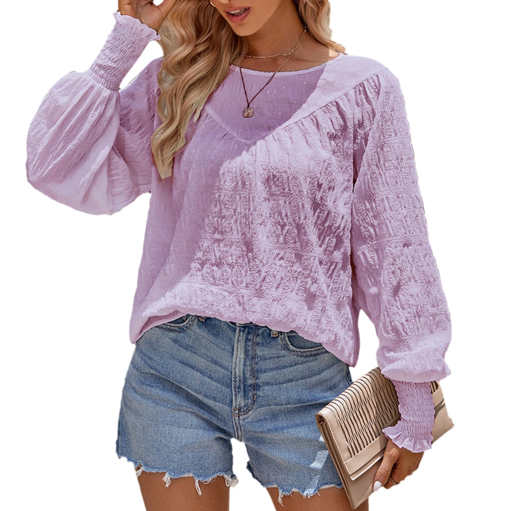 O Neck Long Sleeve Blouse Solid Casual Fitted Stitching Crewneck Lantern Sleeve Blouse for Dating Light Purple S