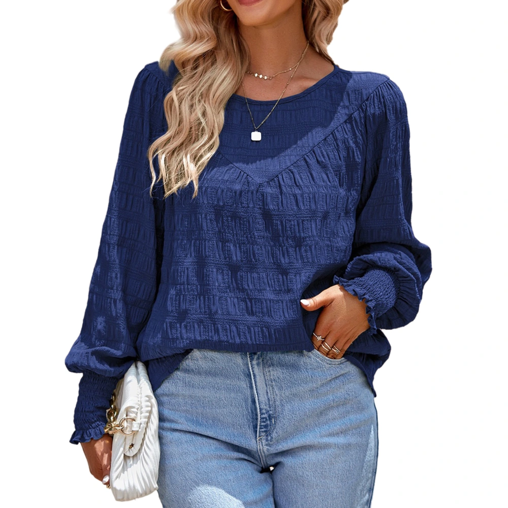 O Neck Long Sleeve Blouse Solid Casual Fitted Stitching Crewneck Lantern Sleeve Blouse for Dating Dark Blue L