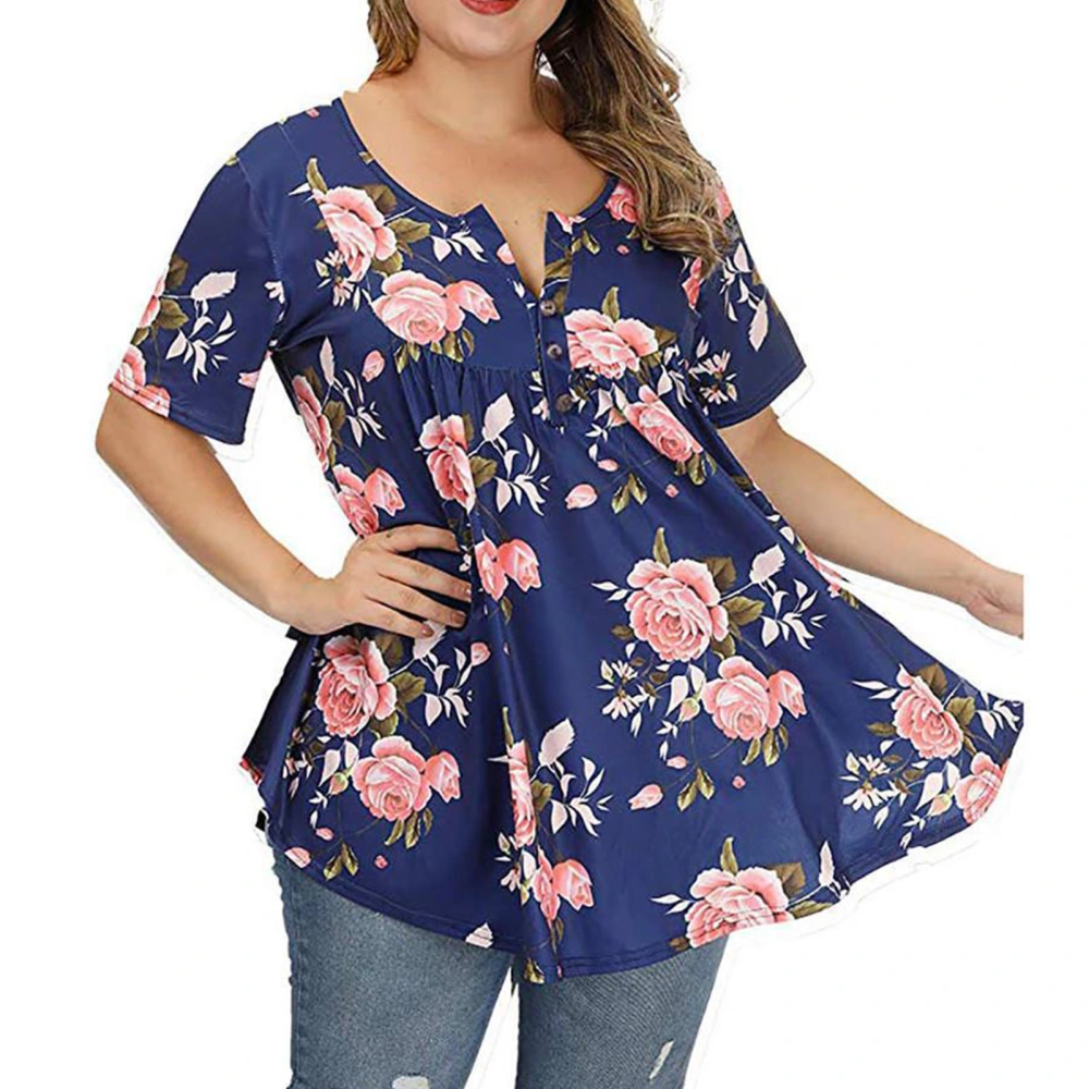 Women V Neck T Shirt Floral Printing Button Trim Short Sleeves Casual Loose Blouses for Daily Wear Blue 3XL