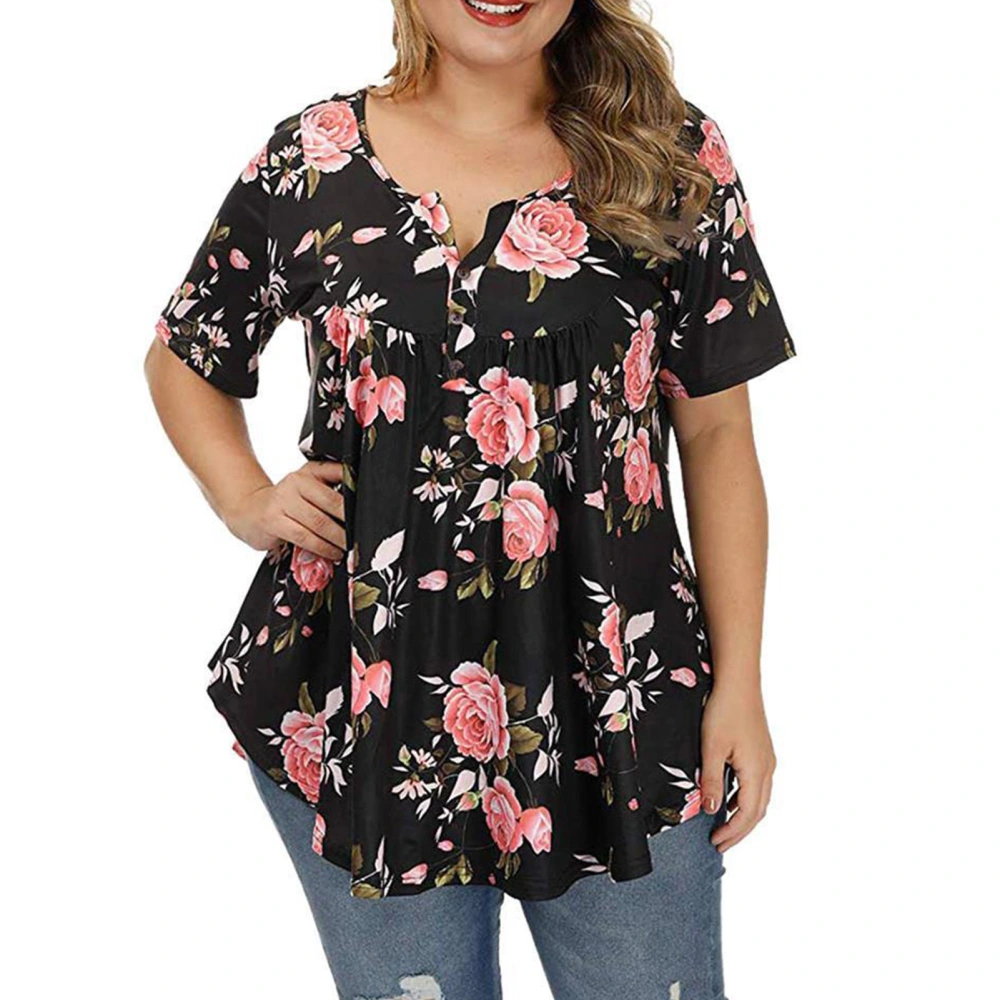 Women V Neck T Shirt Floral Printing Button Trim Short Sleeves Casual Loose Blouses for Daily Wear Black with Pink Flower XL