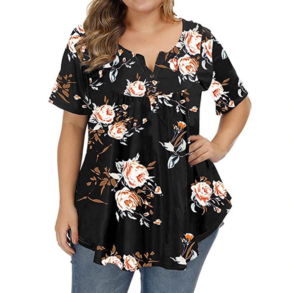 Women V Neck T Shirt Floral Printing Button Trim Short Sleeves Casual Loose Blouses for Daily Wear Black with Orange Flower M