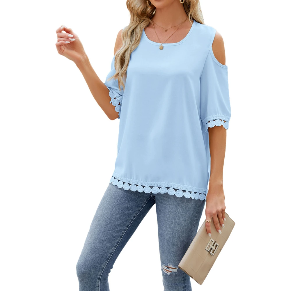 Cold Shoulder Short Sleeve Blouse Lace Trim Casual Fitted Round Neck Stitching Guipure Cold Shoulder Blouse for Women Light Blue XXL