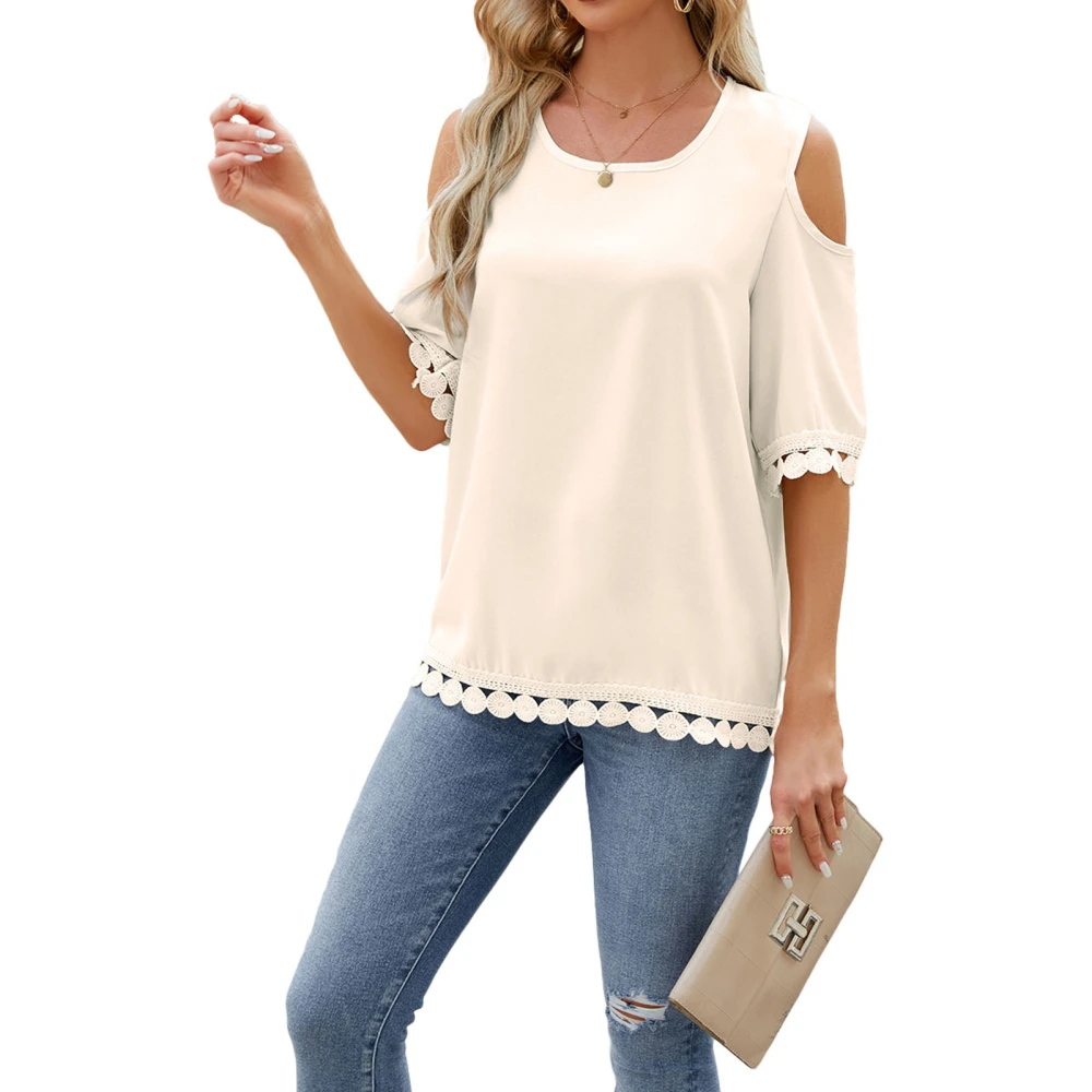 Cold Shoulder Short Sleeve Blouse Lace Trim Casual Fitted Round Neck Stitching Guipure Cold Shoulder Blouse for Women Apricot L