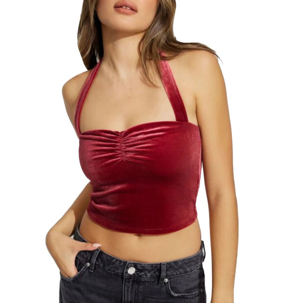 Women Halter Neck Short Top Velvet Halter Neck Tie Backless Solid Color Soft Stylish Short Top Burgundy L