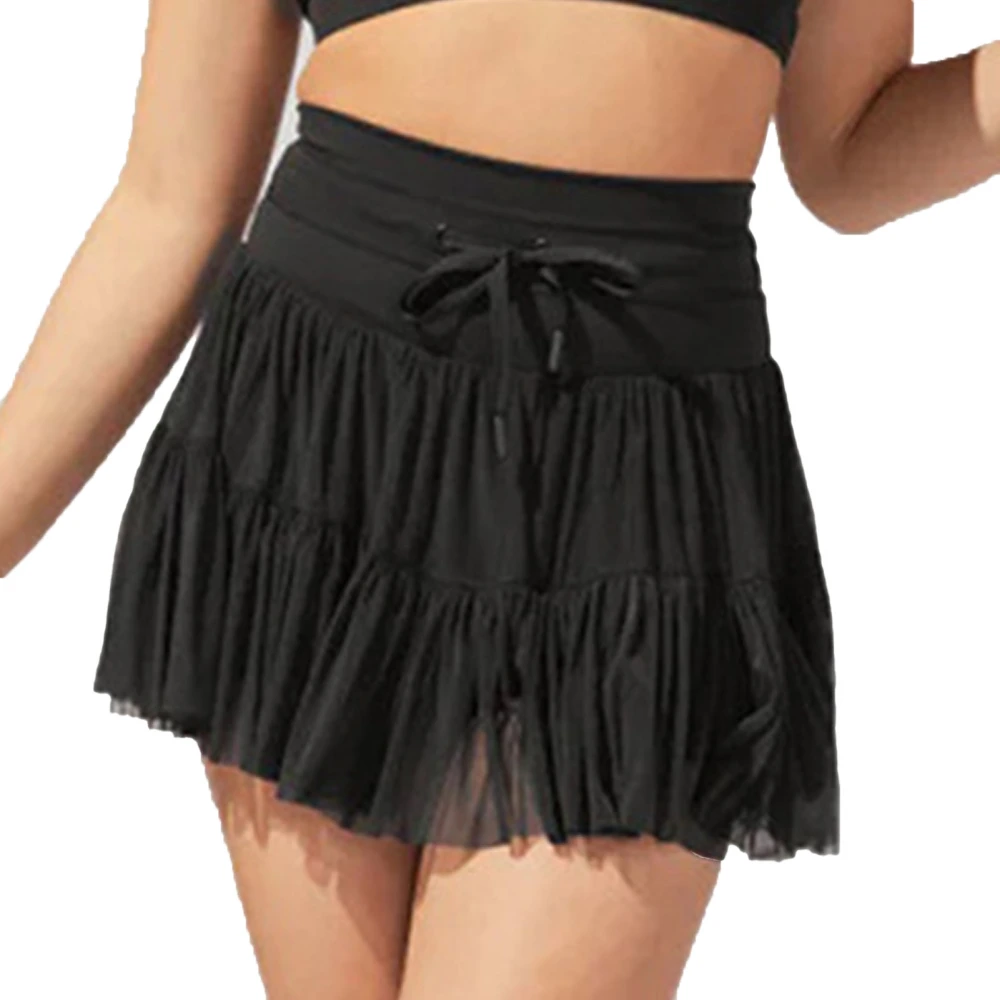 Women Mesh Overlay Pleated Short Skirt High Waist Drawstring Double Layer Mesh Ruffle Hem Stylish Pleated Skirt Black XL