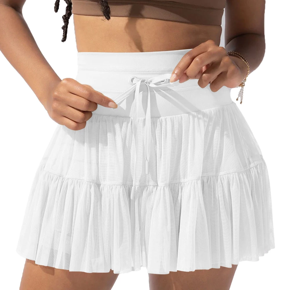 Women Mesh Overlay Pleated Short Skirt High Waist Drawstring Double Layer Mesh Ruffle Hem Stylish Pleated Skirt White M