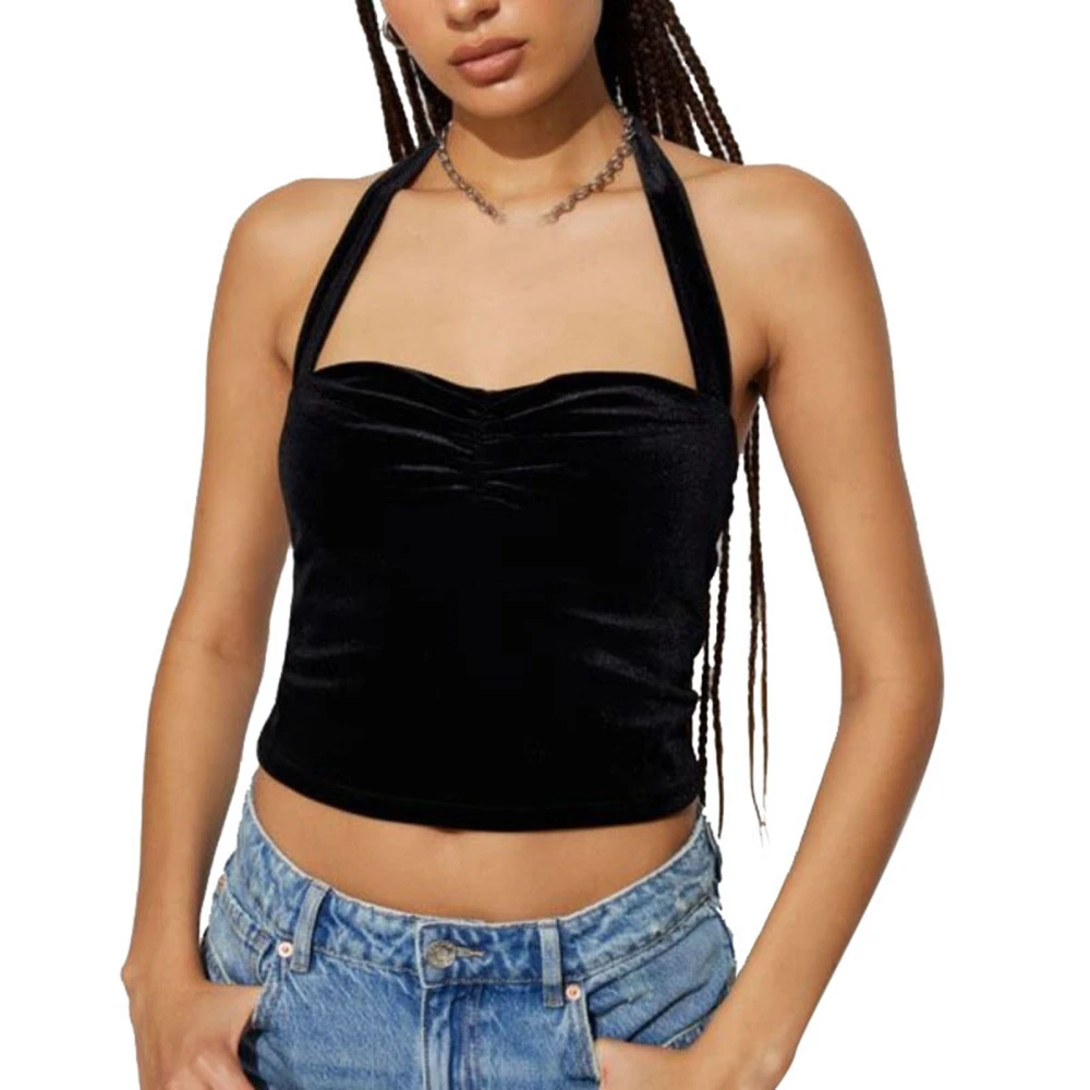 Women Halter Neck Short Top Velvet Halter Neck Tie Backless Solid Color Soft Stylish Short Top Black L