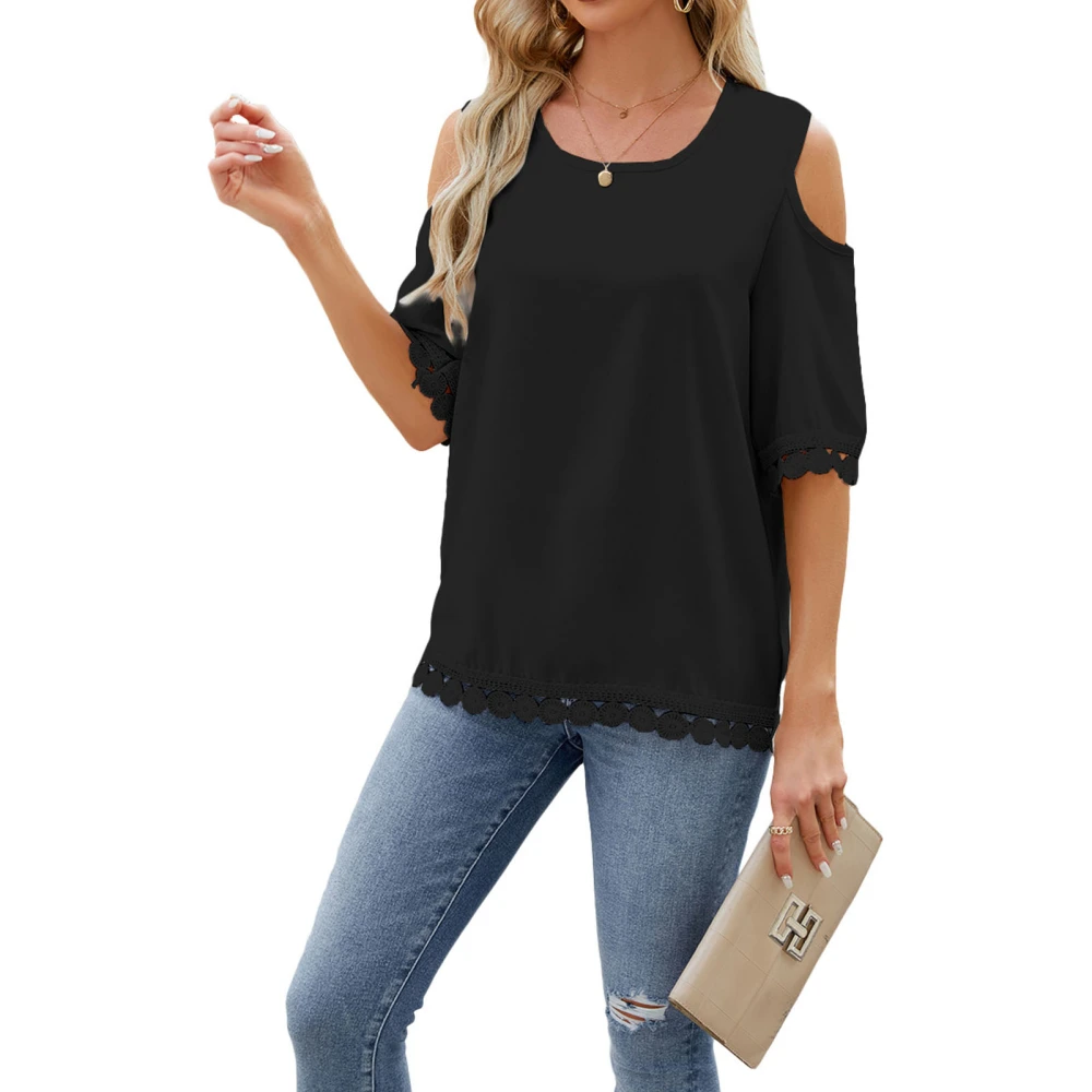 Cold Shoulder Short Sleeve Blouse Lace Trim Casual Fitted Round Neck Stitching Guipure Cold Shoulder Blouse for Women Black XL