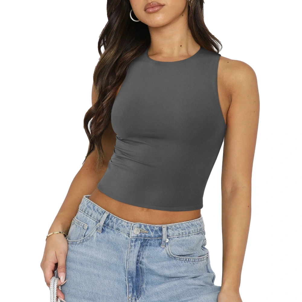 Women Solid Sleeveless Tank Top Round Neck Short Pure Color Slim Fit Elastic Stylish Tank Top Dark Gray M