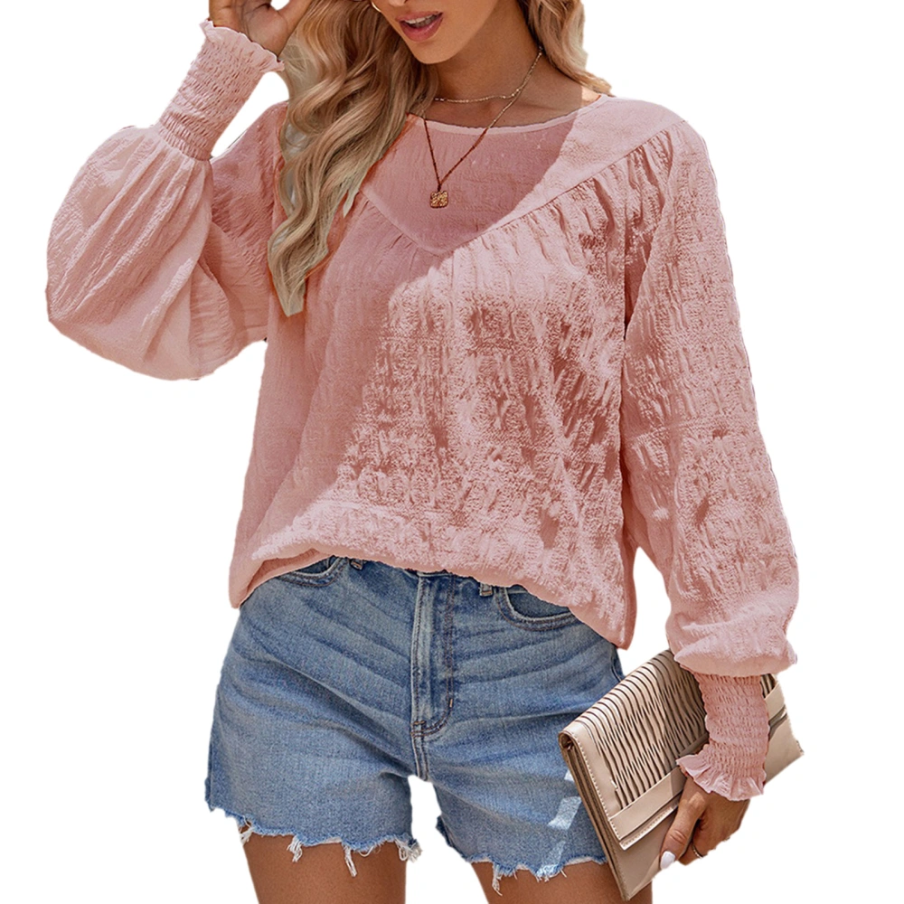 O Neck Long Sleeve Blouse Solid Casual Fitted Stitching Crewneck Lantern Sleeve Blouse for Dating Pink M