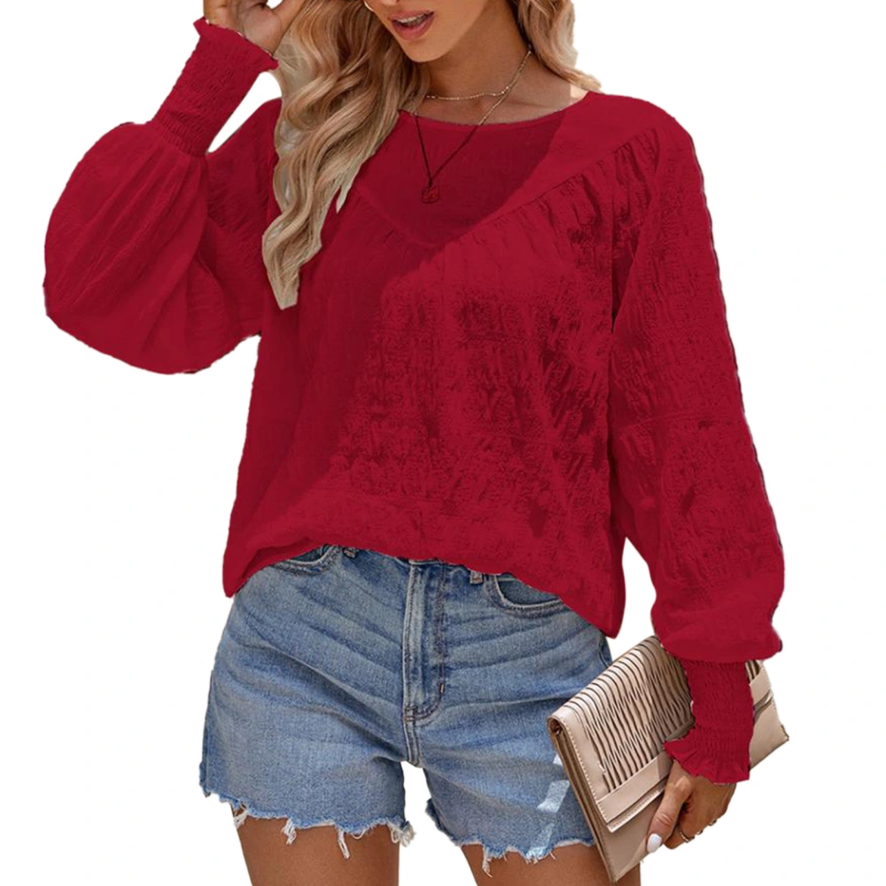 O Neck Long Sleeve Blouse Solid Casual Fitted Stitching Crewneck Lantern Sleeve Blouse for Dating Red S