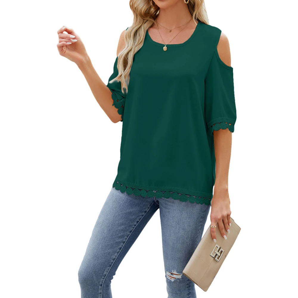 Cold Shoulder Short Sleeve Blouse Lace Trim Casual Fitted Round Neck Stitching Guipure Cold Shoulder Blouse for Women Dark Green S