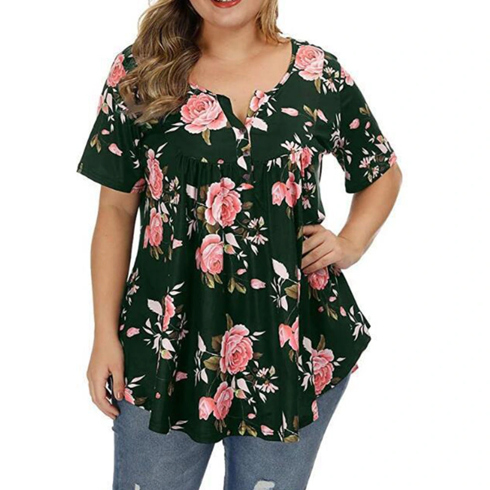 Women V Neck T Shirt Floral Printing Button Trim Short Sleeves Casual Loose Blouses for Daily Wear OD Green XL