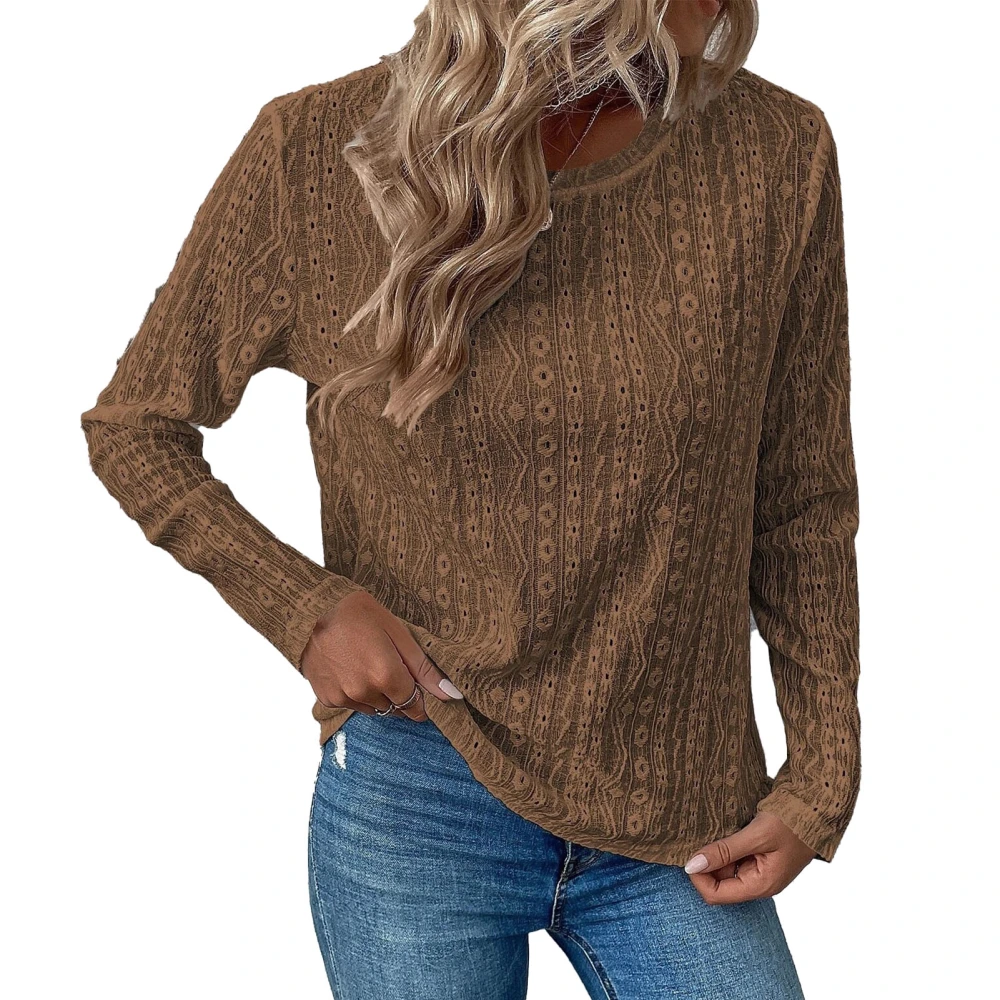 Women Hollow Out Lace Long Sleeve Tops Fashionable Casual Pure Color Breathable Women Crew Neck Long Sleeve Blouses Coffee M