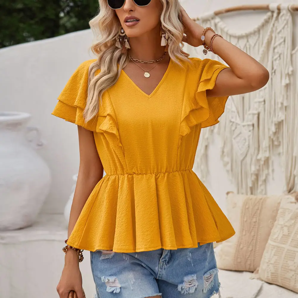 Solid Color Gathered Waist Blouse Ruffle Hem Short Sleeve V Neckline Tiered Layer Gathered Waist Blouse for Women Orange XL