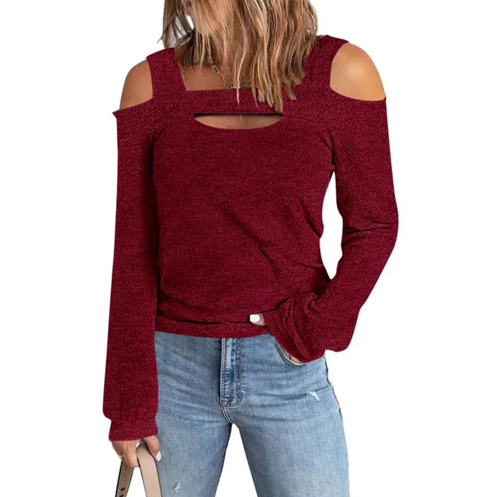 Women Cold Shoulder Tee Top Bust Hollow Out Long Sleeve Loose Fit Casual Cutout T Shirt Burgundy 3XL