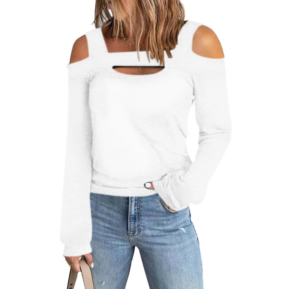 Women Cold Shoulder Tee Top Bust Hollow Out Long Sleeve Loose Fit Casual Cutout T Shirt White 3XL