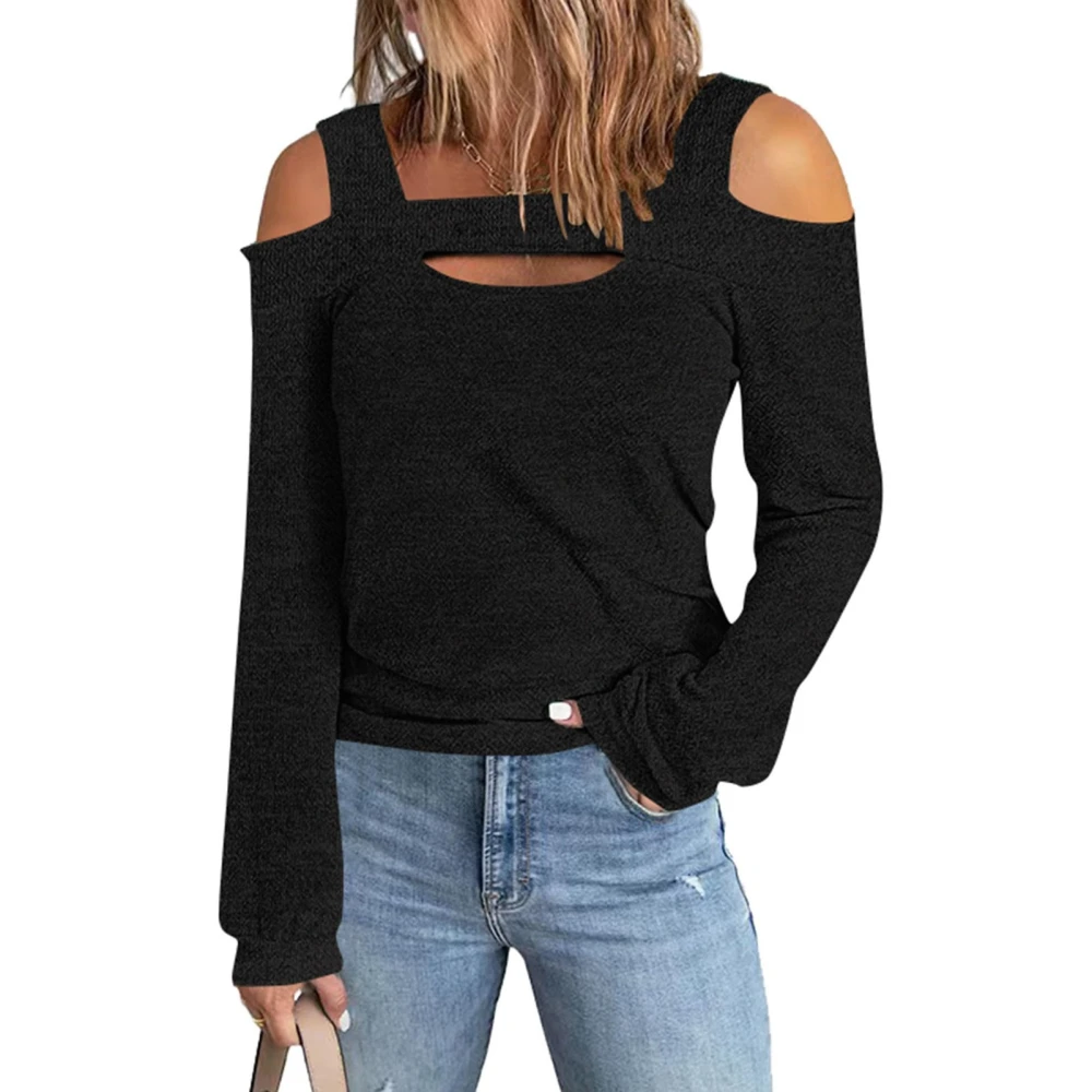 Women Cold Shoulder Tee Top Bust Hollow Out Long Sleeve Loose Fit Casual Cutout T Shirt Black XS