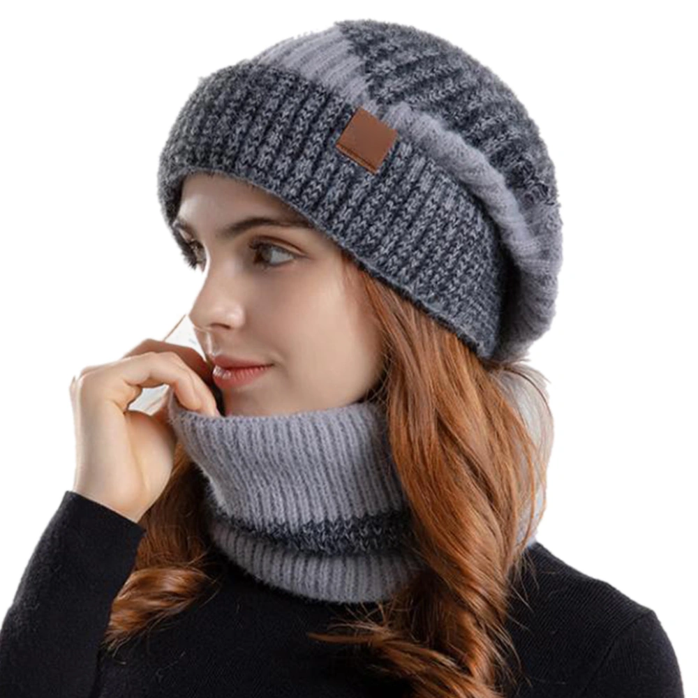 Women Winter Knitted Hat Scarf Set Fashionable Thickened Warm Dual Color Stretchy Ear Protection Women Hat Scarf Set for Daily Party Shopping Grey Free Size