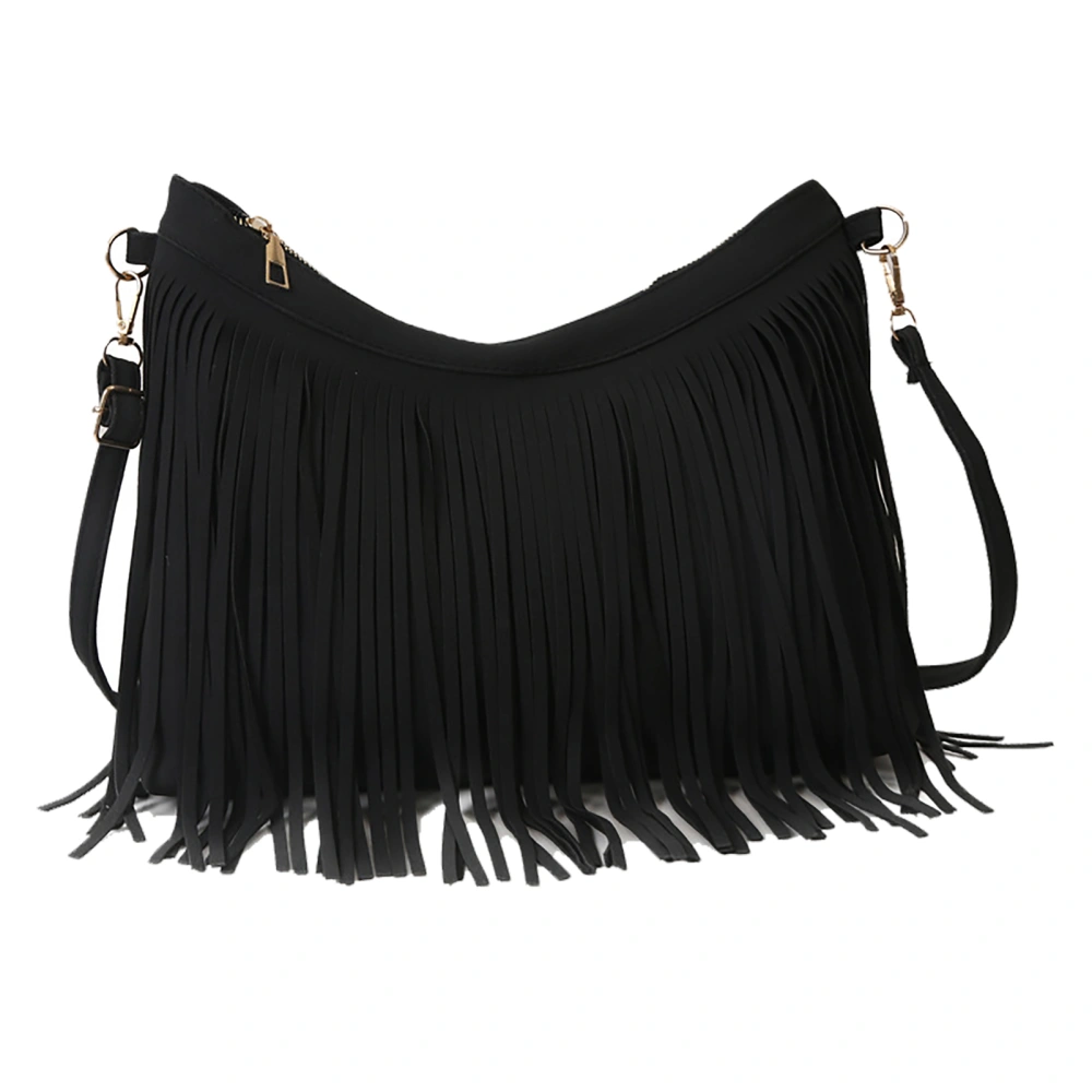 Tassel Sling Bag Adjustable Strap Solid Color Vintage Fringe Shoulder Bag Purse for Daily Travel Black One Size