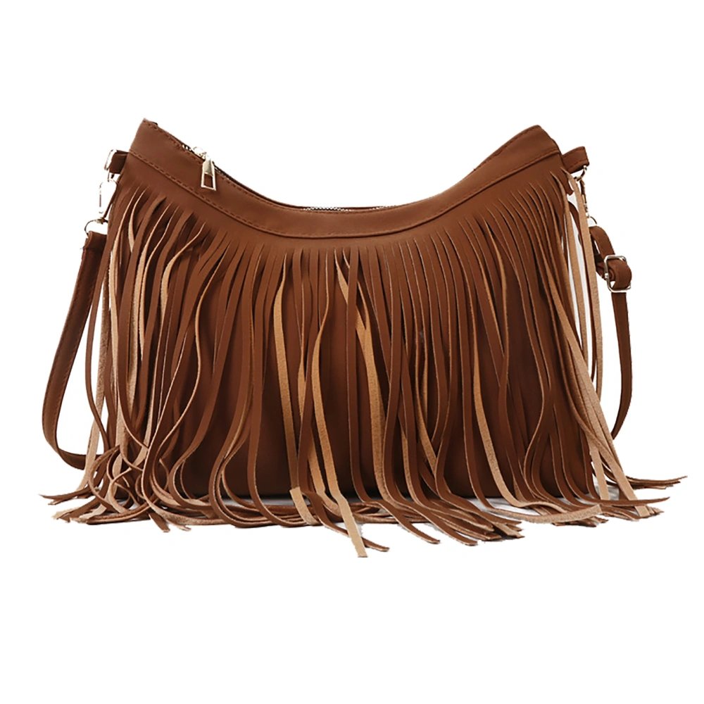 Tassel Sling Bag Adjustable Strap Solid Color Vintage Fringe Shoulder Bag Purse for Daily Travel Brown One Size