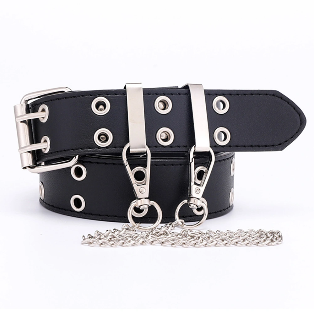 Double Grommet Belt with Chain PU Leather 2 Hole Grommet Fadeproof Stylish Chain Decoration Waist Belt Black Free Size