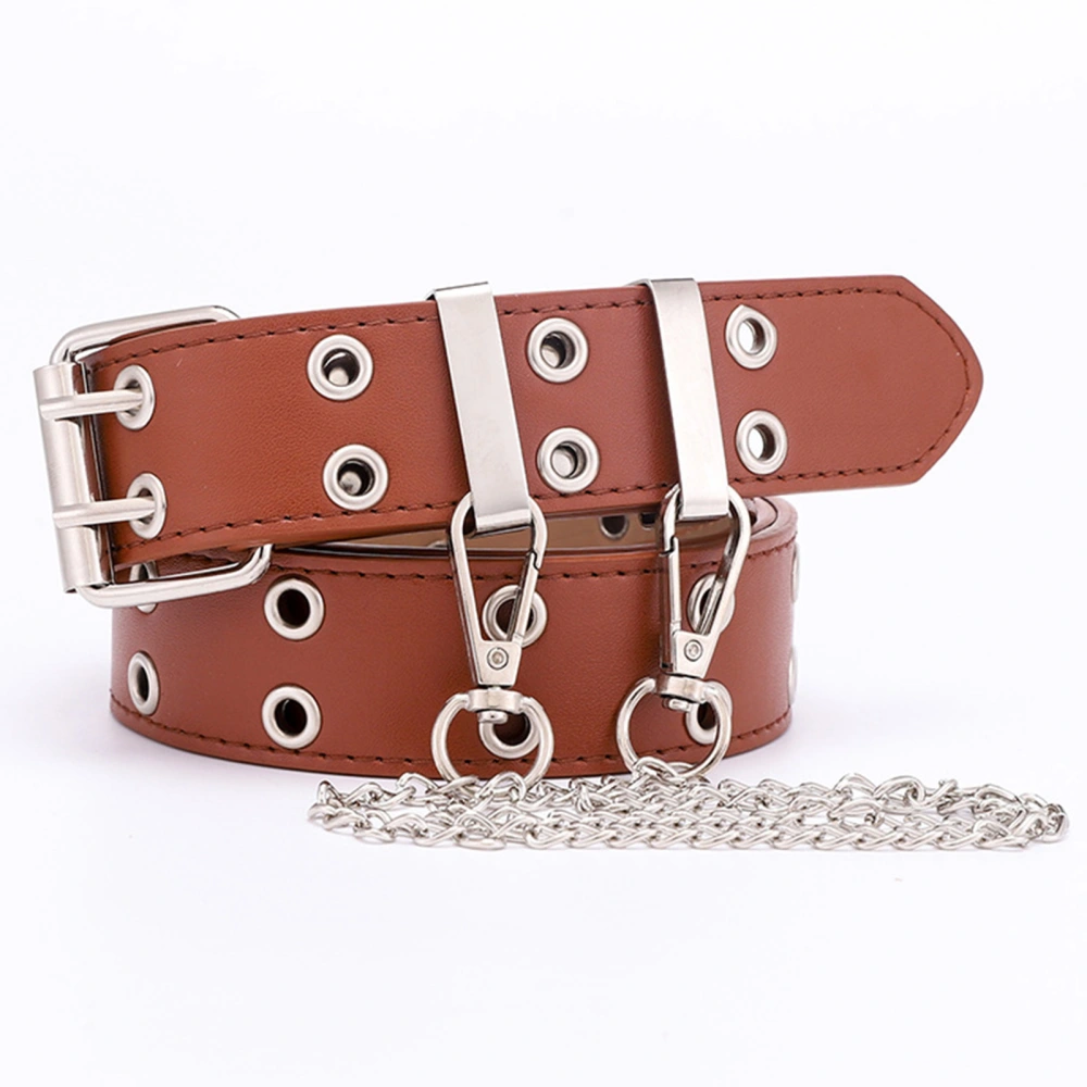 Double Grommet Belt with Chain PU Leather 2 Hole Grommet Fadeproof Stylish Chain Decoration Waist Belt Light Tan Free Size