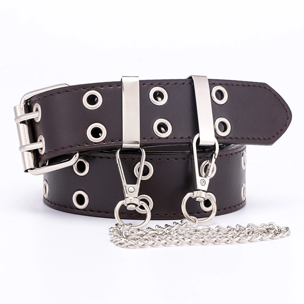 Double Grommet Belt with Chain PU Leather 2 Hole Grommet Fadeproof Stylish Chain Decoration Waist Belt Coffee Free Size