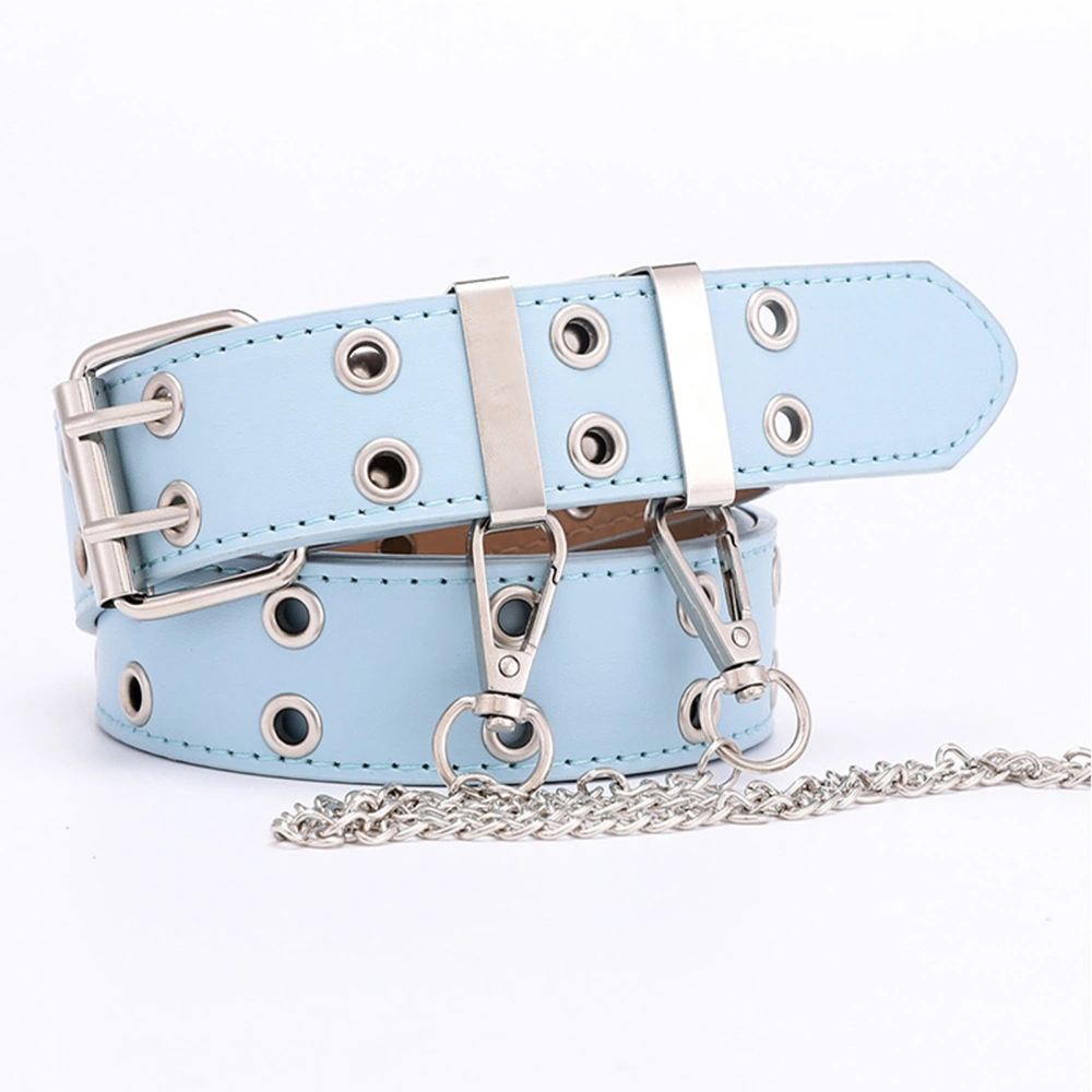 Double Grommet Belt with Chain PU Leather 2 Hole Grommet Fadeproof Stylish Chain Decoration Waist Belt Sky Blue Free Size