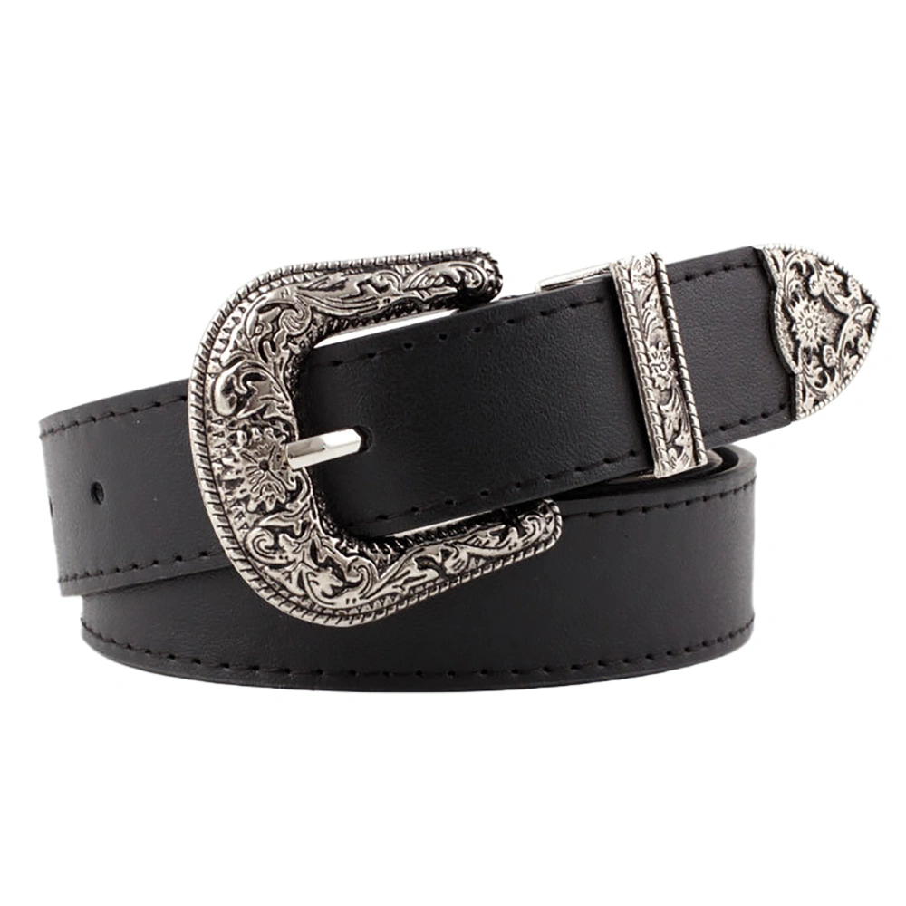 Women Waist Belt Exquisite Carved Buckle Adjust Size Fashionable Waist Belt for Pants Black Free Size