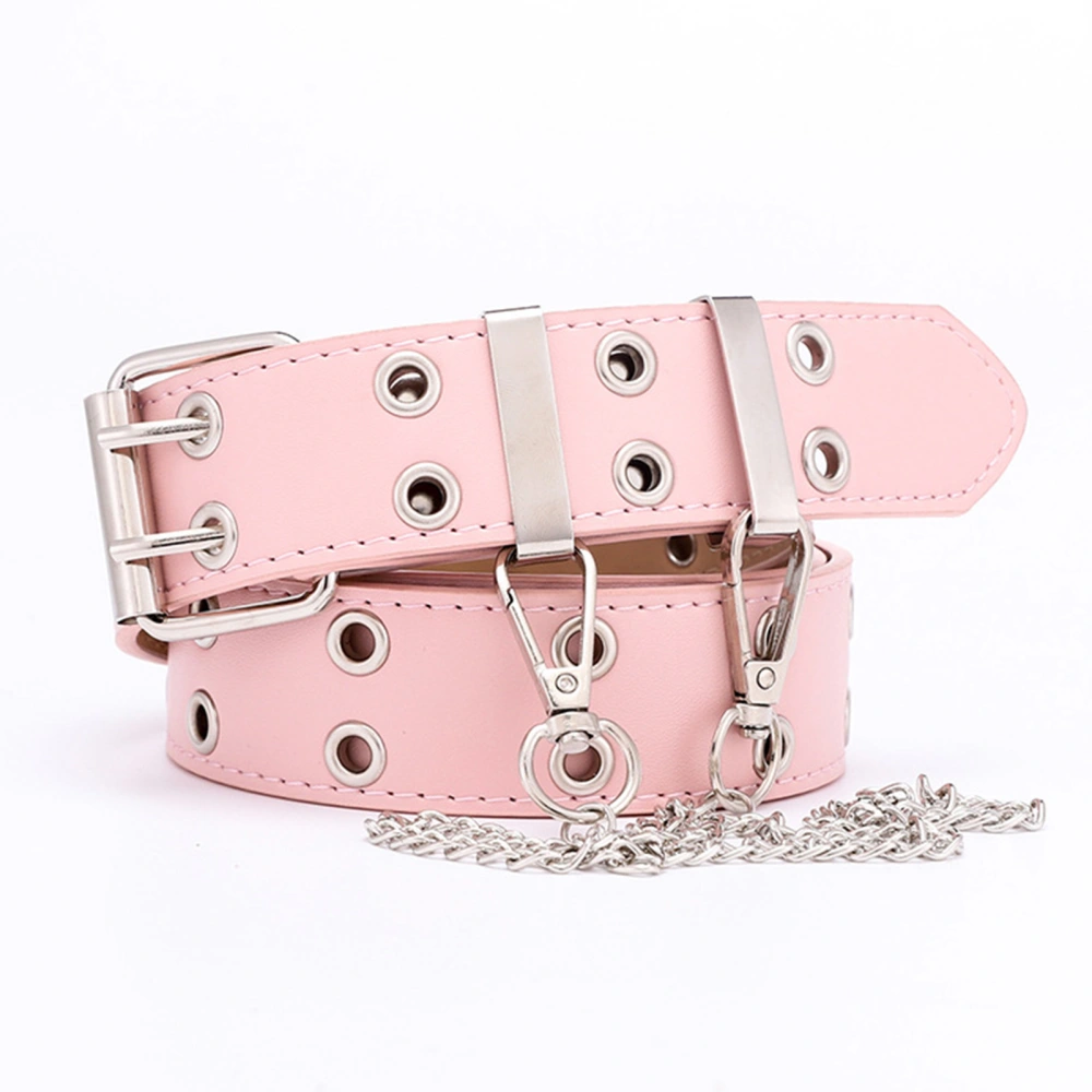 Double Grommet Belt with Chain PU Leather 2 Hole Grommet Fadeproof Stylish Chain Decoration Waist Belt Pink Free Size