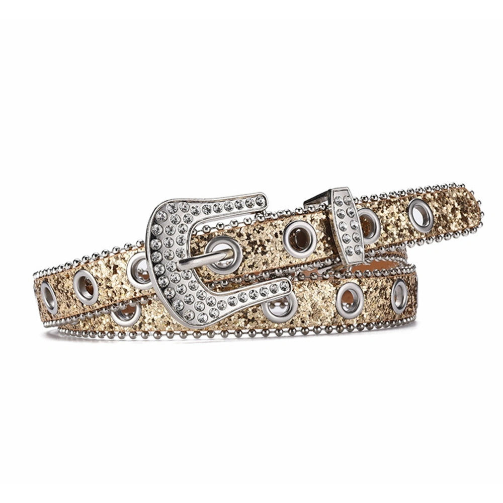 Rhinestone Studded Belt PU Leather Adjustable Grommet Bling Rhinestone Studded All Match Stylish Waist Belt for Women Gold Free Size