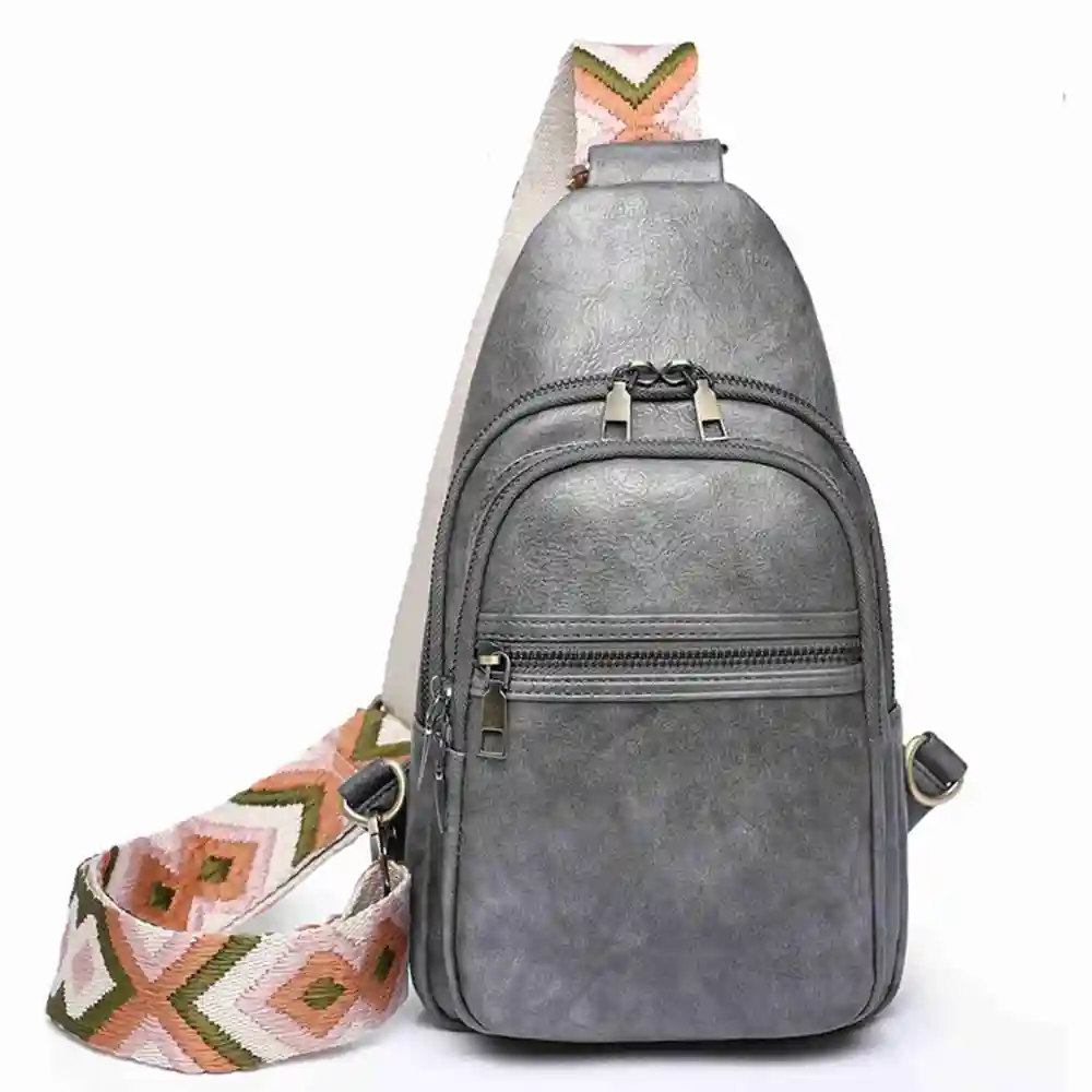 Women Travel Hiking Chest Bag Vintage PU Small Sling Backpack for Shopping Commuting Grey Free Size