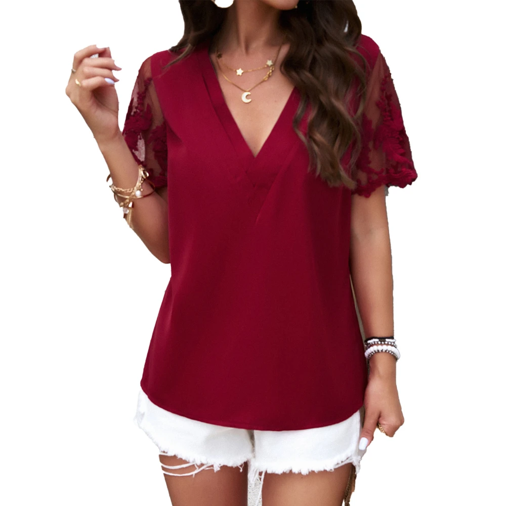 Embroidery Lace Short Sleeve Blouse V Neckline Plain Color Casual Fitted Contrast Lace Sleeve Blouse Burgundy L