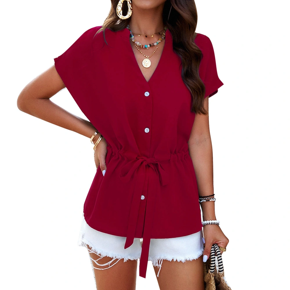 Women V Neck Blouse Short Sleeve Drawstring Waist Button Up Pure Color Casual Pullover Shirt Wine Red M