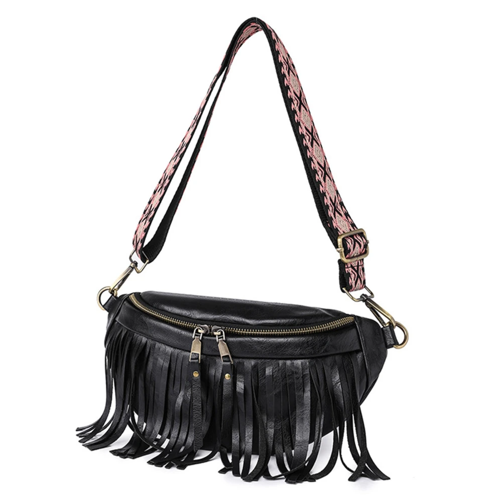 Women Fringe Chest Bag Retro Multifunction Pleated Adjustable Tassel Shoulder Bag Waist Pack for Travel Black Free Size