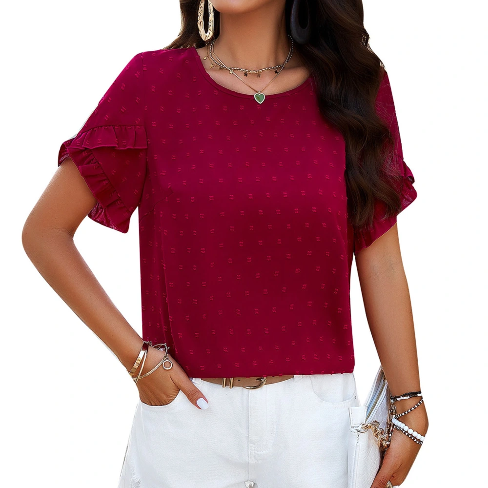 Short Sleeve Jacquard Blouse Plain Color Casual Fitted Frill Trim Round Neck Jacquard Blouse for Women Burgundy XL