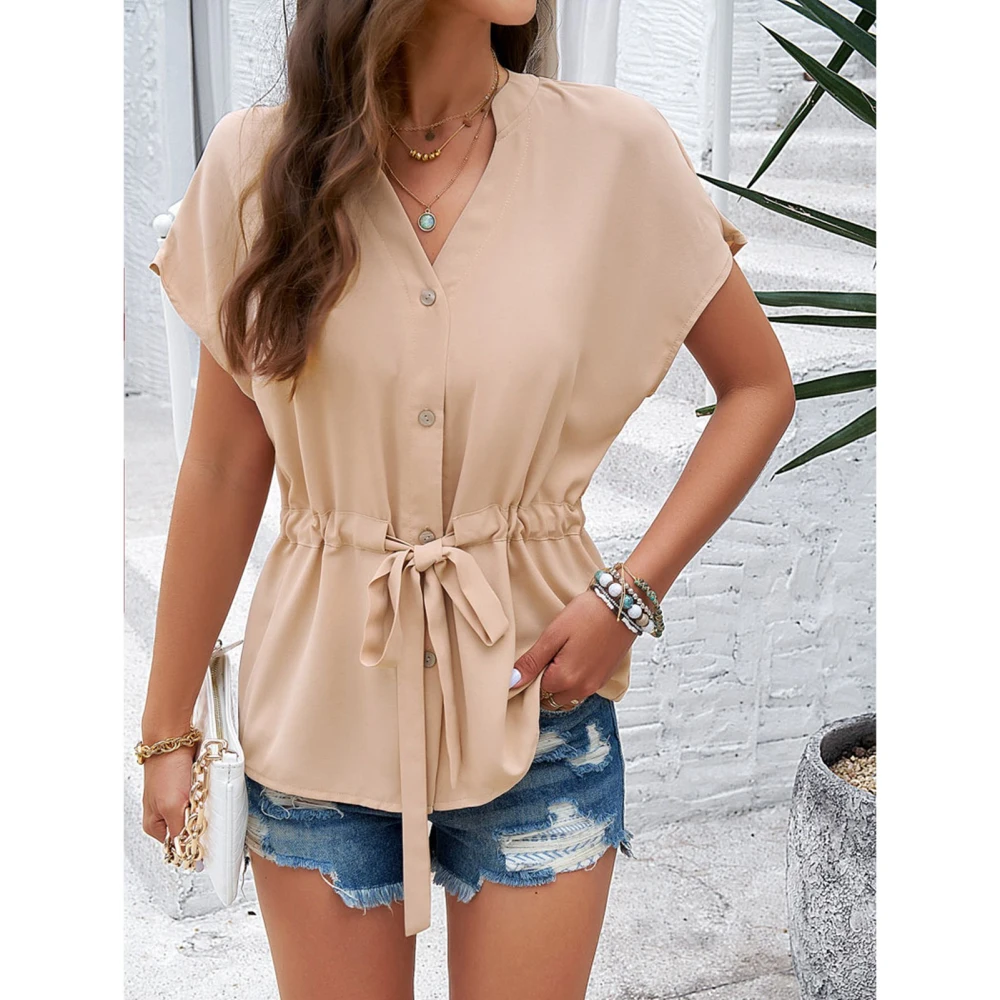 Women V Neck Blouse Short Sleeve Drawstring Waist Button Up Pure Color Casual Pullover Shirt Apricot S