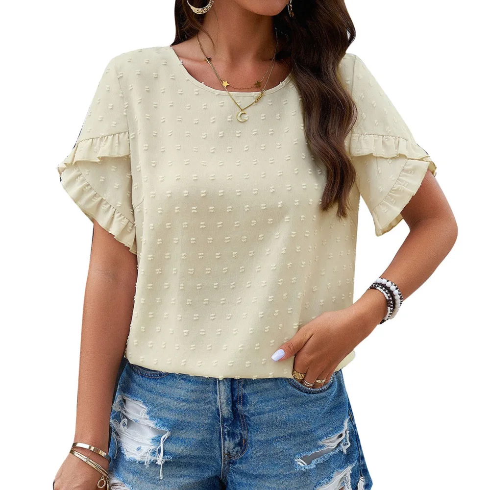 Short Sleeve Jacquard Blouse Plain Color Casual Fitted Frill Trim Round Neck Jacquard Blouse for Women Apricot M