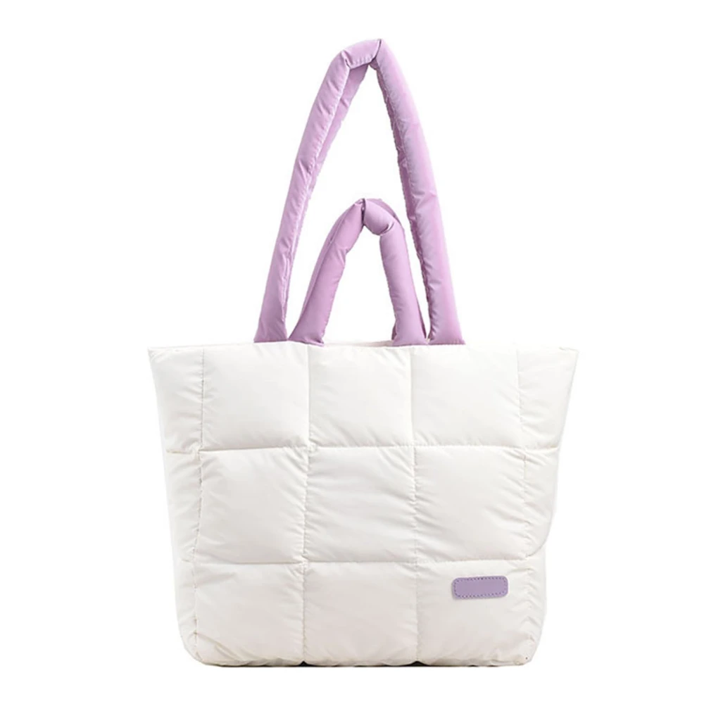 Shoulder Bag Pure Color Soft Stylish Large Capacity Simple Women Handbag for Shopping Traveling White with Purple Free Size