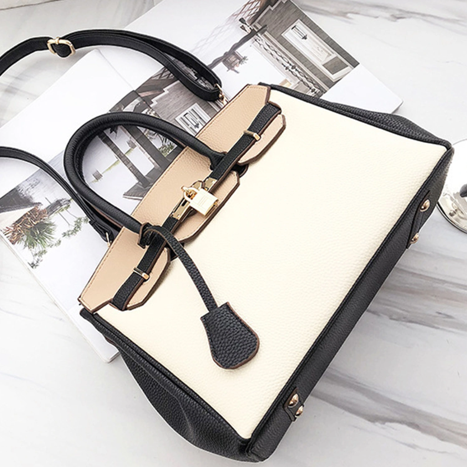 Women Shoulder Bag PU Large Capacity Color Blocking Stylish Handbag Messenger Bag Black One Size